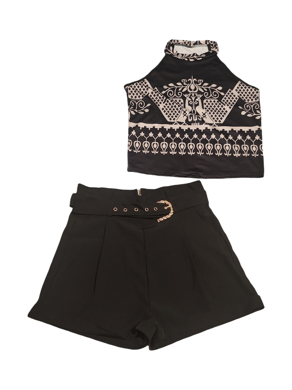 Two-Piece Black & Cream Printed Crop Top with High-Waist Black Shorts